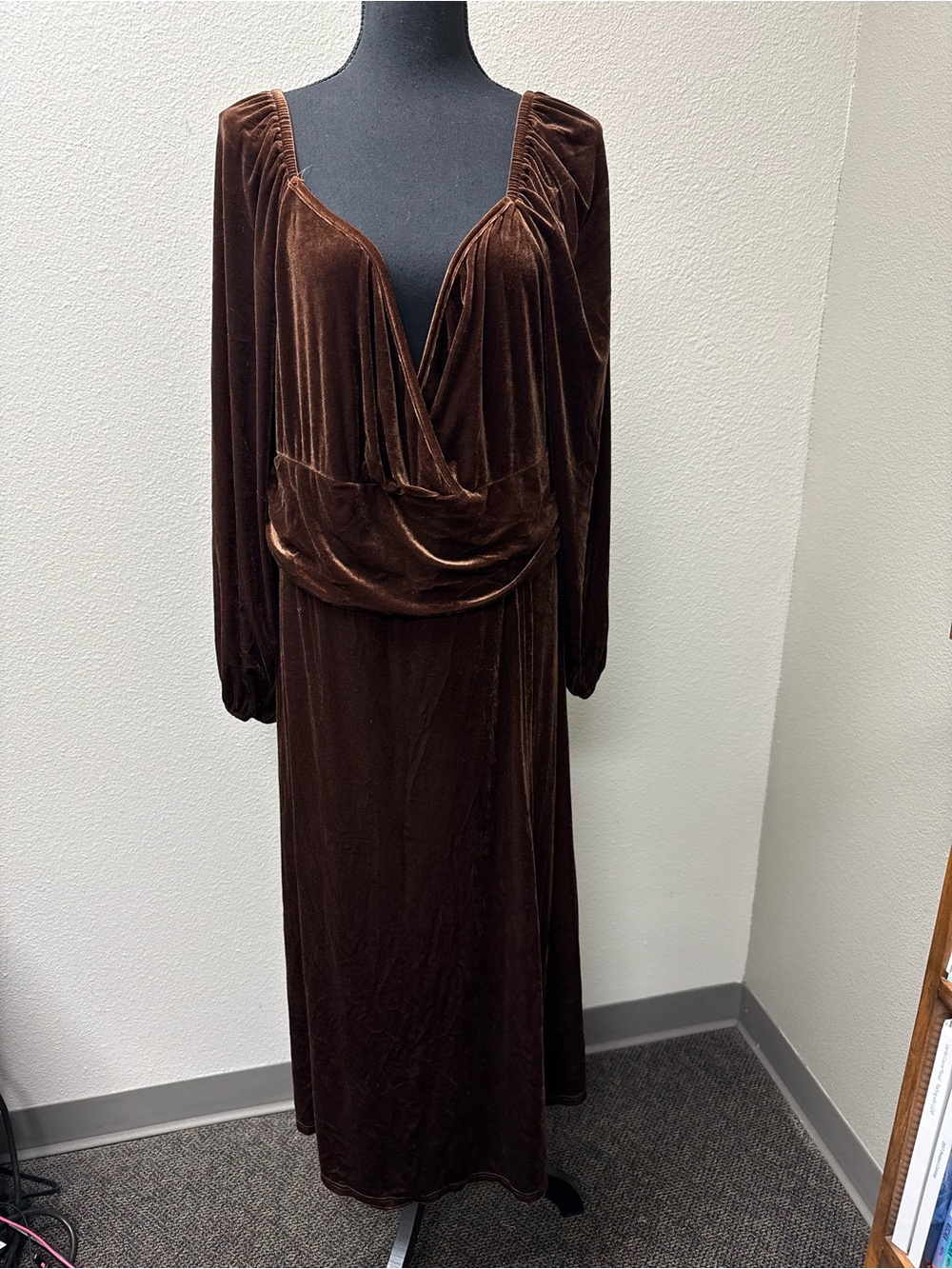 3X Chocolate Brown Velvet Wrap Maxi Dress Long Sleeve Holiday Wedding Guest Gown - Picture 2 of 9